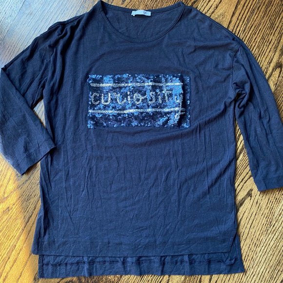 Zara "Curiosity" Sequins 3/4 Sleeve Navy Tee, M EUC - Picture 6 of 8